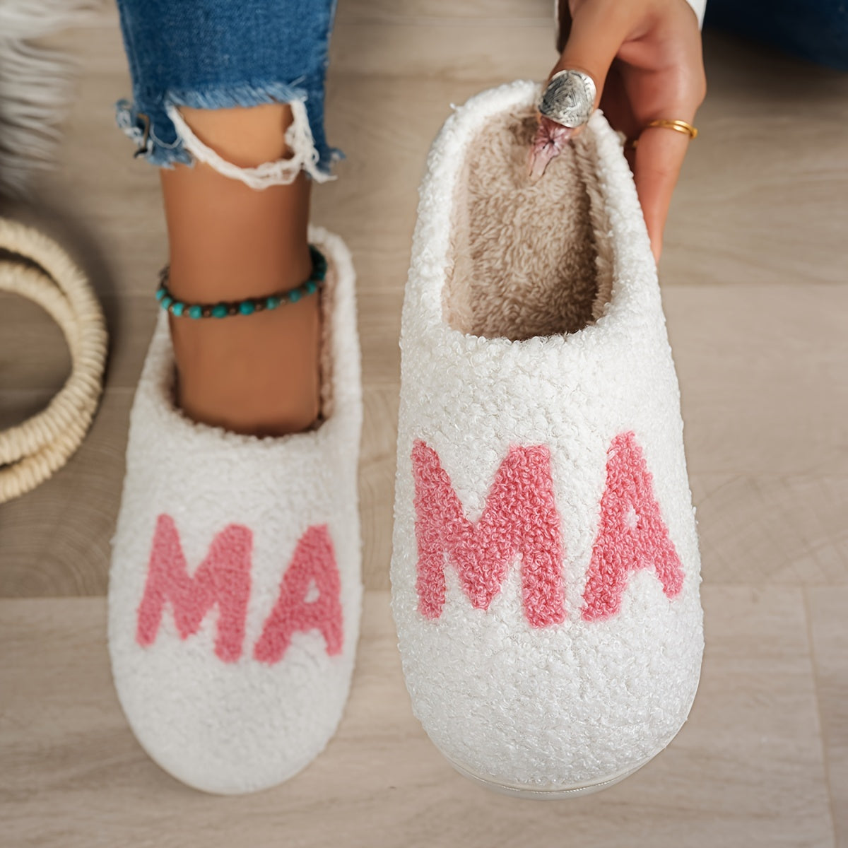 Women's Casual "MAMA" Fluffy Slippers - Comfy Faux Fur-Lined Indoor House Slip-on Shoes with Non-Slip TPR Sole, Flannel Insole, Seasonal Warmth, Easy Care, Cixi Origin - Cozy Winter Footwear Gift for Mom